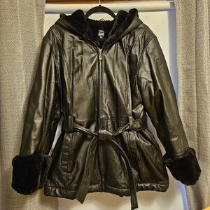 Women's Black Leather Jacket with Fur Trim